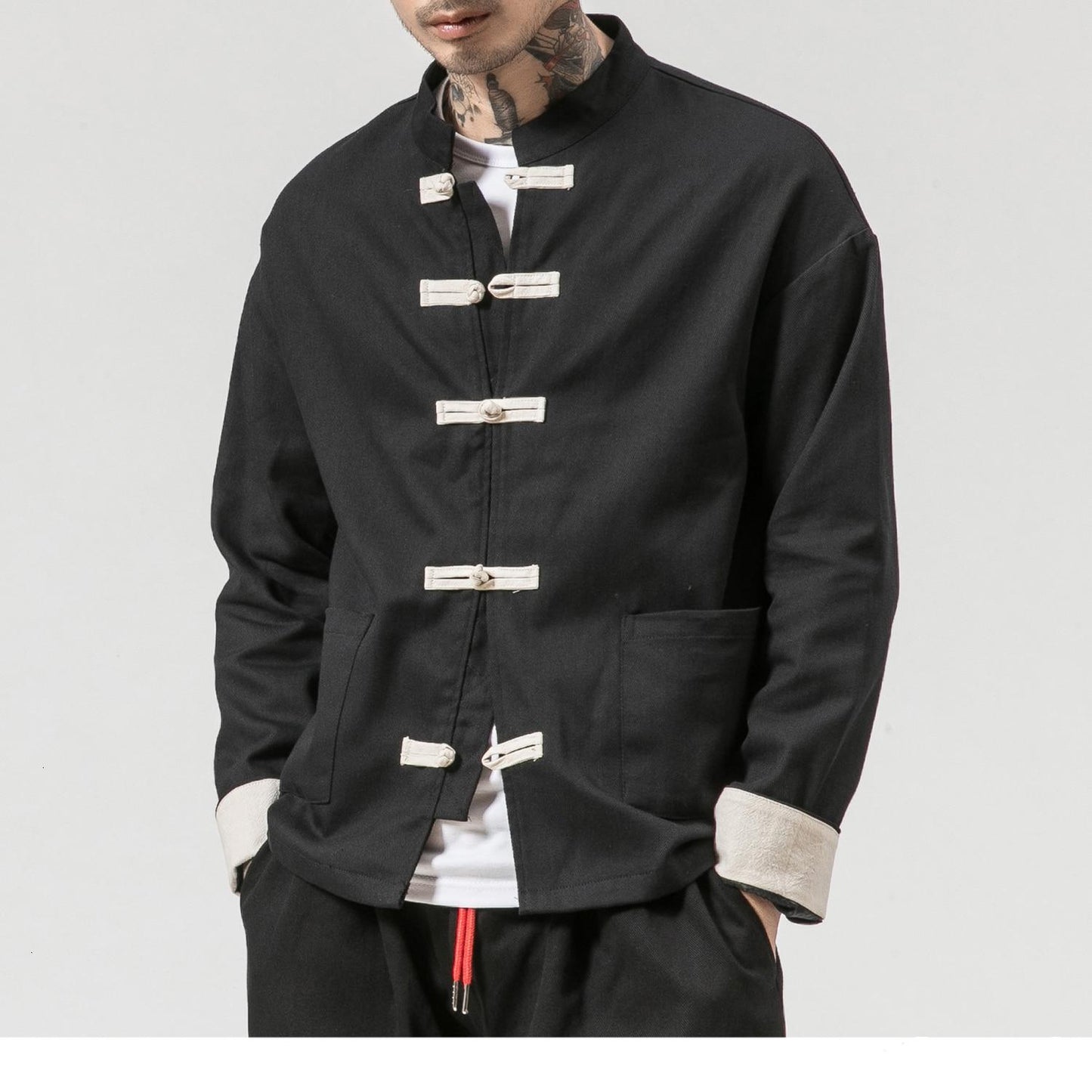 VESTE KUNG FU NOIRE BOUTONS BLANCS