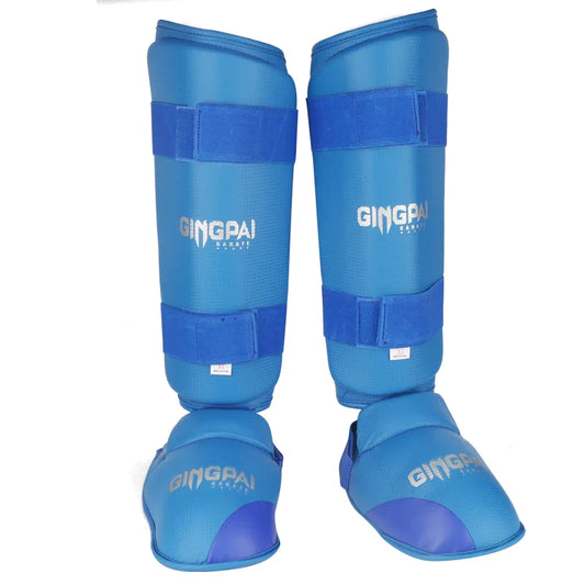 PROTEGE TIBIA ET PIED KARATE CUIR BLEU