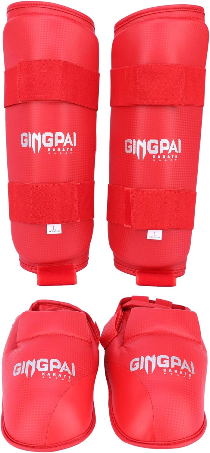 PROTEGE TIBIA ET PIED KARATE CUIR ROUGE
